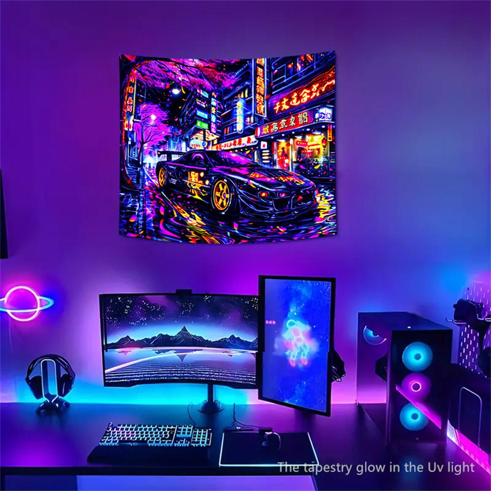 Racing Uv Blacklight Fluoresce Tapestry Room Decoration Neon-Lit Anime Car Aesthetic Wall Hanging Party Decor Backdrops Cloth