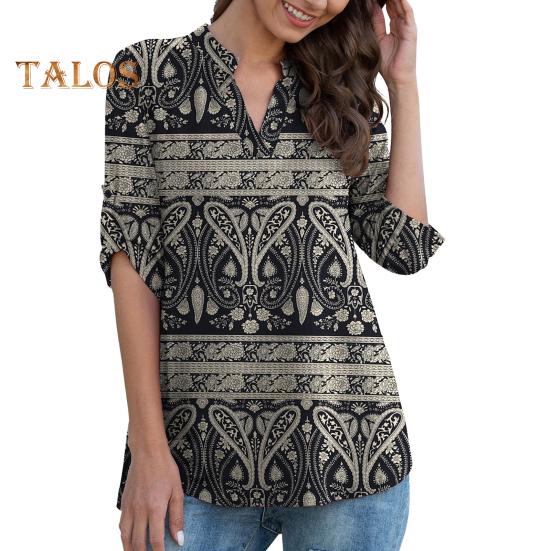Women Shirt V-neck 3/4 Roll-Up Sleeves Lightweight Tops Flower Print Flowy Hem Tunic Tops Daily Wear