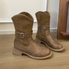 Autumn and winter fashion new retro color matching belt buckle imitation leather Martin boots round head thick sole thick heel short boots thin b