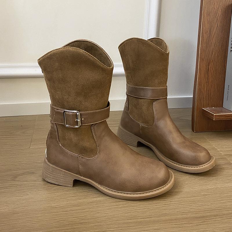Autumn and winter fashion new retro color matching belt buckle imitation leather Martin boots round head thick sole thick heel short boots thin b