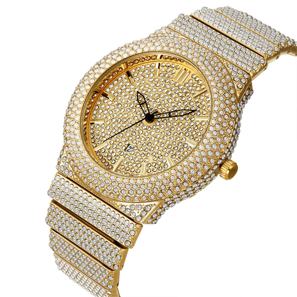 Men Hip Hop Diamond Luxury Brand Golden Date Quartz Watches