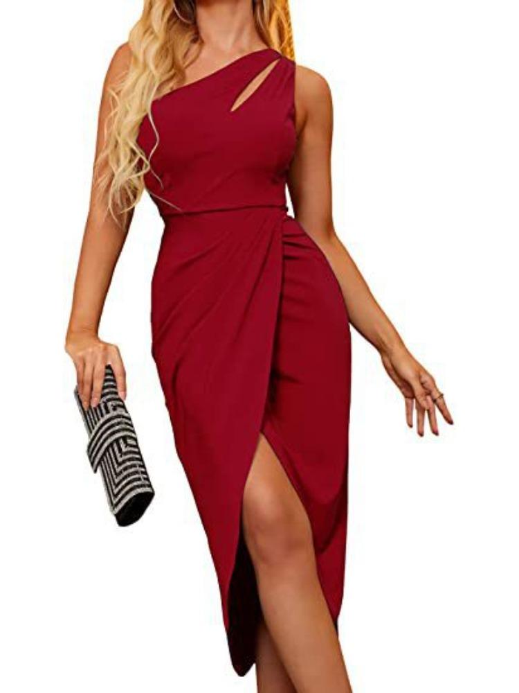 Women Sexy Oblique Shoulder Hollow Backless Sleeveless High Waist Slit Slim Comfortable Lightweight Recognition Elegant with Flattering Chic Dress