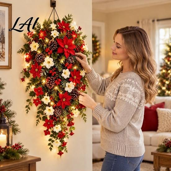 Upside Down Layered Garland Pre-Lit Christmas Teardrop Swag Decoration Lighted Door Wreath with Artificial Pine Lights Poinsettia Cones for
