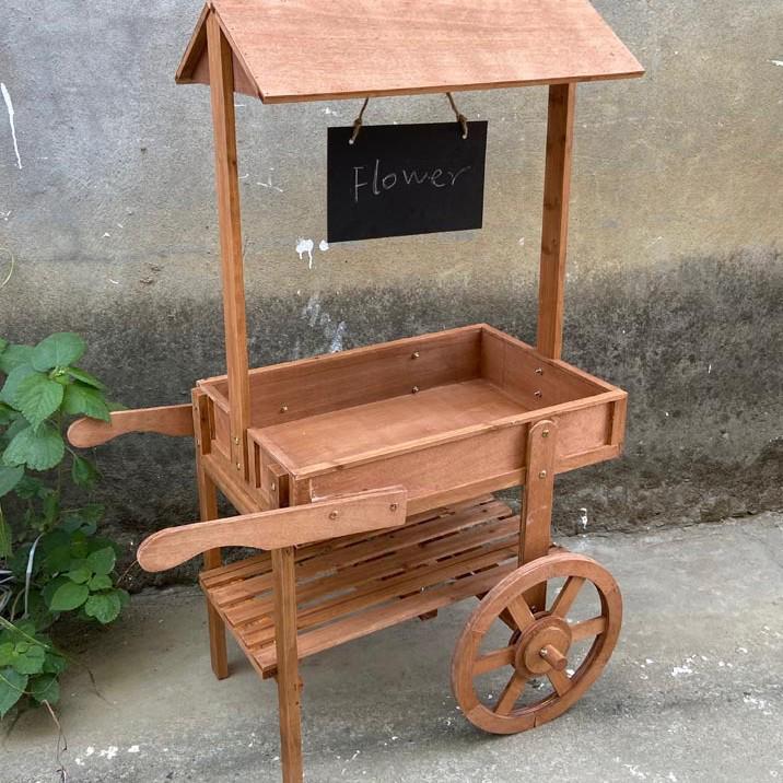 Home Decor Wood Handcart Flower Stand Display Rack for Balcony & Cafe