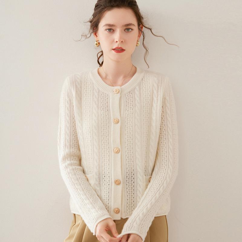 Spring & Autumn Slimming Cable Knit Cashmere Wool Blend Cardigan
