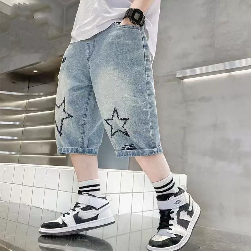 MILU Jongens Rechte Jeans Korte Broek Zomer Kinderen Casual Wijde Pijp Knie Lengte Broek Tiener Jean Korte Broek Kinderkleding 5-14 Jaar 170 blauw
