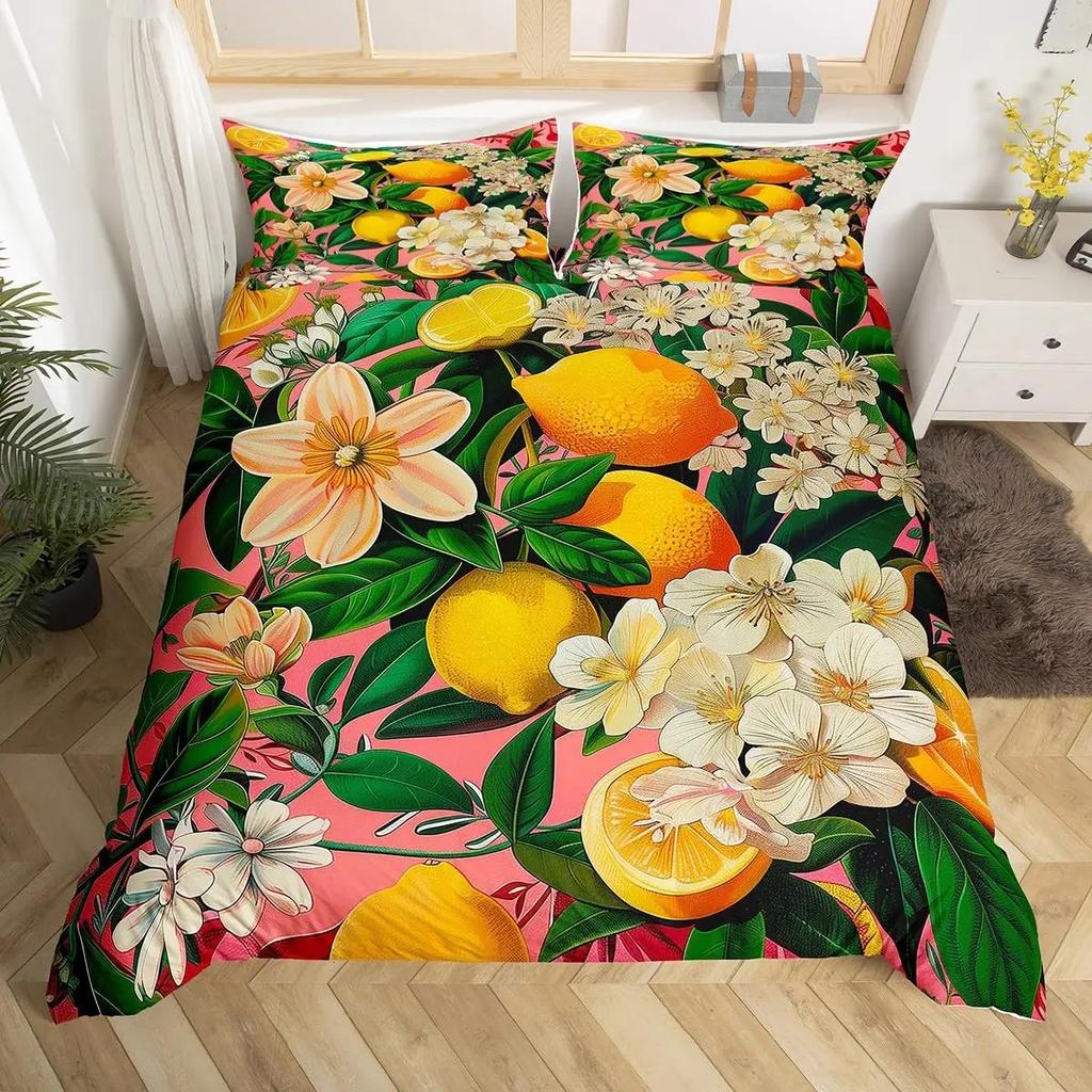 Lemon Duvet Cover Queen King Size For Girls Teens 3 Pcs Summer Cool Style Fruits Lemon Print Bedding Set, Leaves Comforter Cover