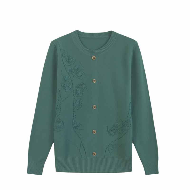 Women's Versatile Round Neck Embroidered Cardigan - Knitwear for Middle-aged and Elderly, Spring & Autumn, Mercerized Cotton