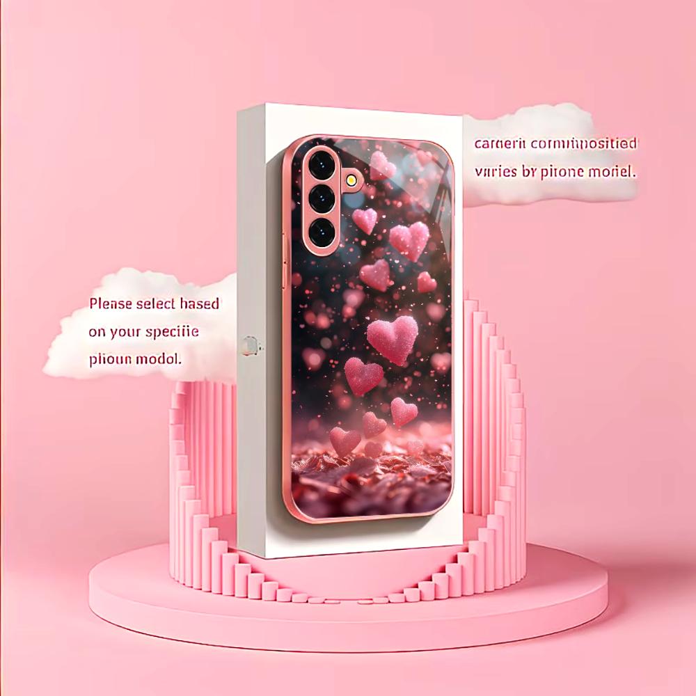 Pink heart-shaped metallic paint glass phone case suitable for Samsung Galaxy S26 S25 S24 S22 S21 S20 FE/Ultra/Plus anti drop