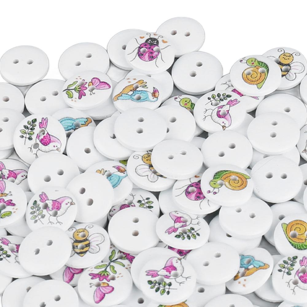 100pcs Mixed Printed Wooden Buttons 2 Holes Round Buttons Decorative Buttons For DIY Crafts