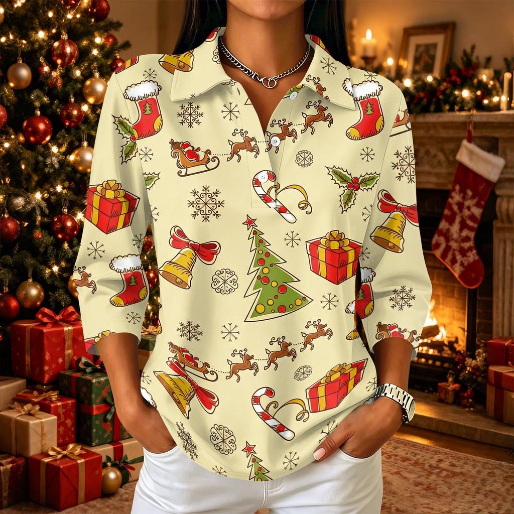 Women's Casual Christmas Print 3/4 Sleeve Button Down Collared Shirt