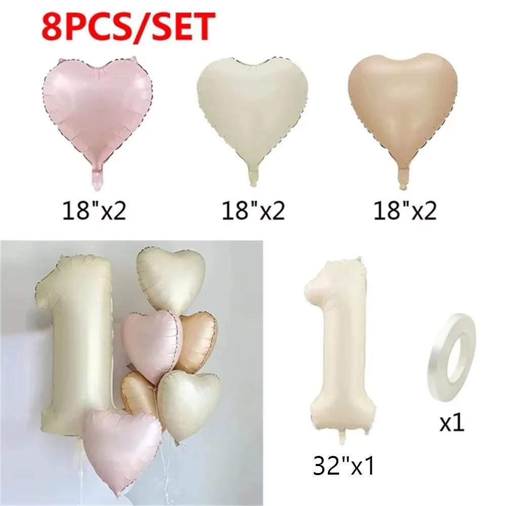 8pcs Cream Color Number Heart Foil Balloons Happy Birthday Party Decorations Kids Girl Boy 1 2 3 4 5 6 7 8 9 Year Old Supplies