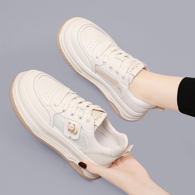 Thick-soled breathable little white shoes versatile women's shoes spring new leather round head mesh shoes casual sports board shoes