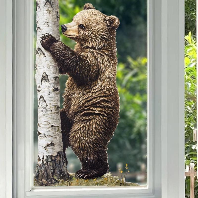 Realistic Cute Bear Window Sticker Transparent Removable Double Sided Glass Wall Decal for Home Shop Window Decor