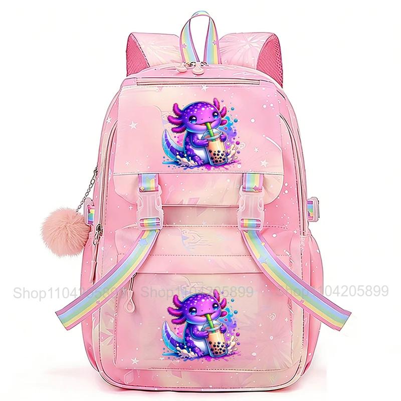 Zaino Boba Axolotl Arcobaleno Carino Cartone Animato Mochi Zaino Scolastico per Ragazze Zaino Giornaliero Casual Grande Leggero Zaino per Libri