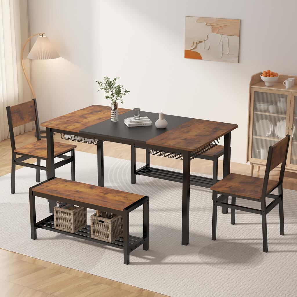NAIYUFA Dining 5 Pieces Table Set,One Large Table ,2 chairs and 2 Benches for 4-6 people,Wood Brown Sets with Storage Rack