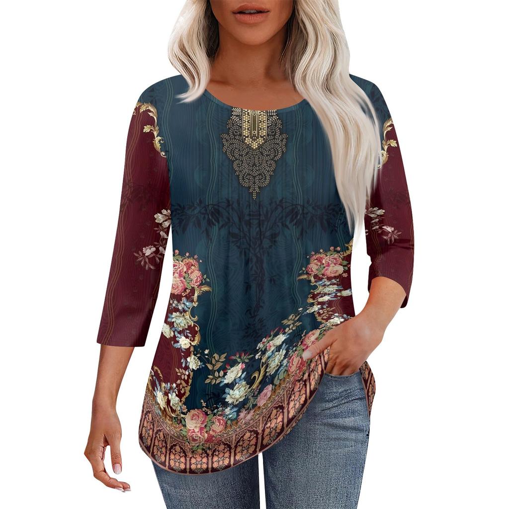 Women's Fashionable Casual Pleated Round Neck Casual Floral Print Seven Quarter Sleeved T-shirt Top