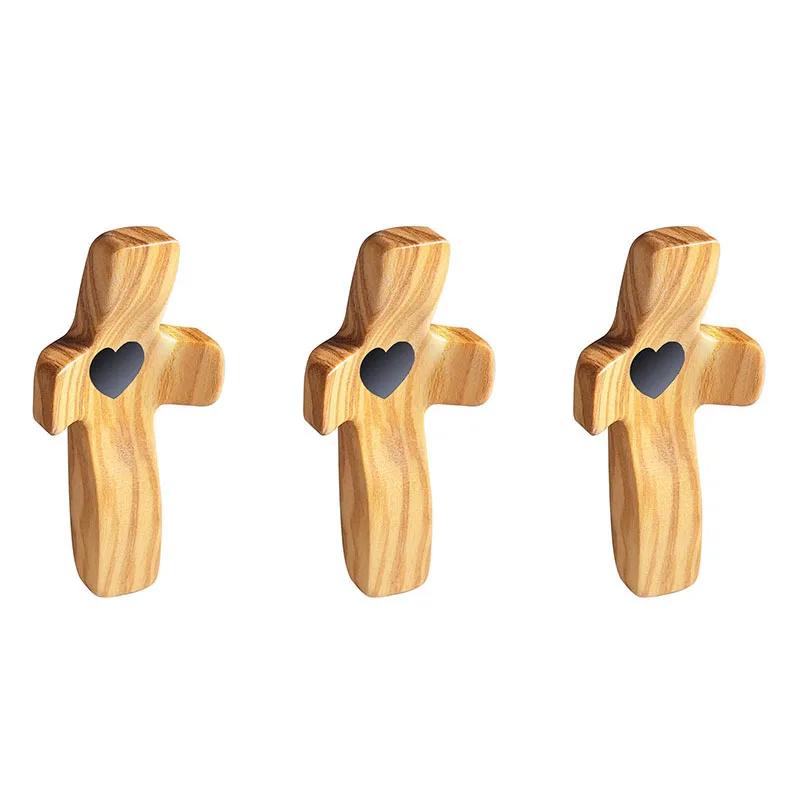 2pcs Cross My Heart Encouragement Gift Handheld Wooden Cross with Epoxy Heart To Carry In Pocket Emotional Support