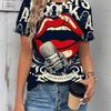 Women's Red Lips And Leopard Print T-Shirt Y2k Fashion Casual Round Neck Short-Sleeved Summer Women's Clothing Tees