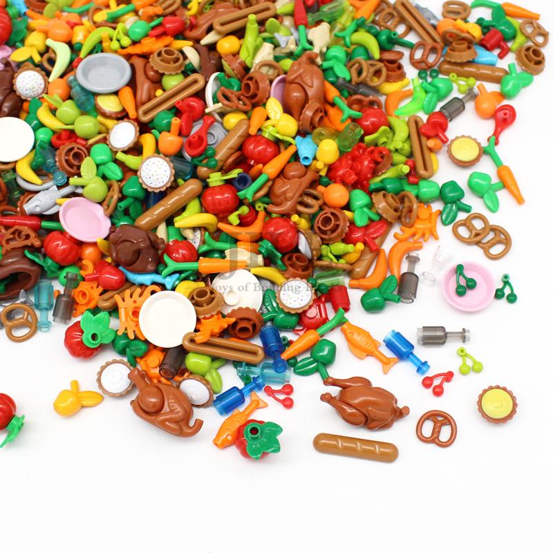 Moc Food Blocuri de construcție Piese Fructe Fructe Farfurie Tobă Cârnați Os Cărămizi DIY Set în vrac Compatibil cu Jucăriile City View Cântăresc