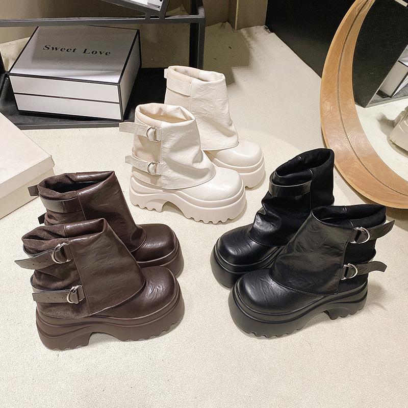 Black Martin boots women's 2025 autumn new retro stacking boots belt buckle thick-soled inner heightening trouser tube boots