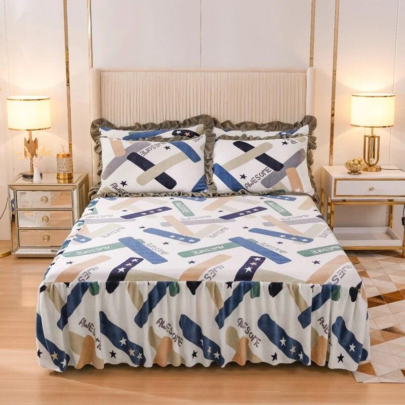 Milk Velvet Printed Bed Skirt, Thick And Warm Mattress Cover, Bedroom Trim, High Weight Fabric