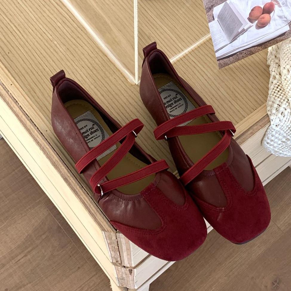 Fashion IPPEUM Women Ballet Flat Shoes Square Toe Soft Red PU Leather Mary Janes Shoes