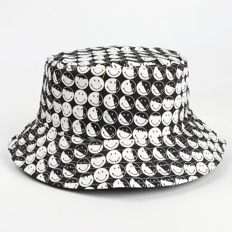 

Летняя новинка Панама с улыбающимся лицом Женская K-стиль Повседневная Легче всего сочетать Двусторонняя носка Принт Панама Защита от солнца Солнцезащитная шляпа Black