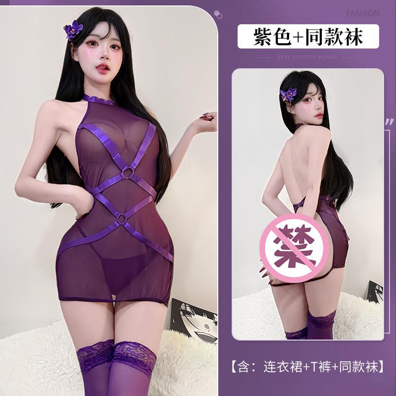 Sexy Hot Girl Mesh Patchwork One-Piece Tie Sleepwear See-Through Hip-Revealing Uniform Nightdress Dress Elegant Fashion AOF9