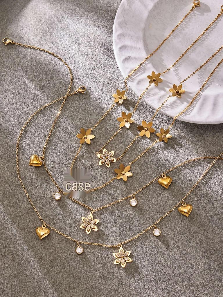 European American Fashion Zirconia Flower Heart Pendant Necklace, Bracelet, Earrings, Ring, and Bangle Set