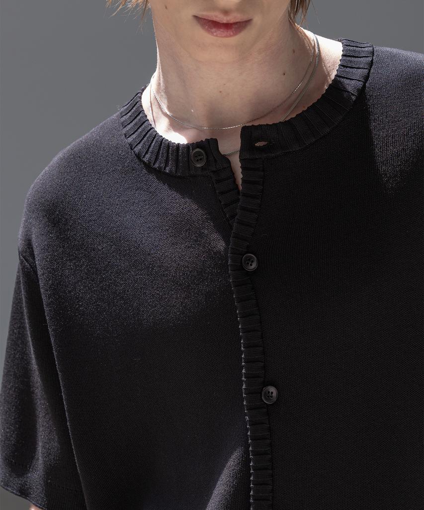 Dekkoloso Panel Rib Short Sleeve Summer Round Cardigan [Black]