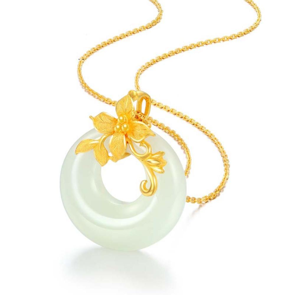

Gold Plated White Jade Necklace Pendant Floral Design Mother Day Gift for Women Elegant Jewelry