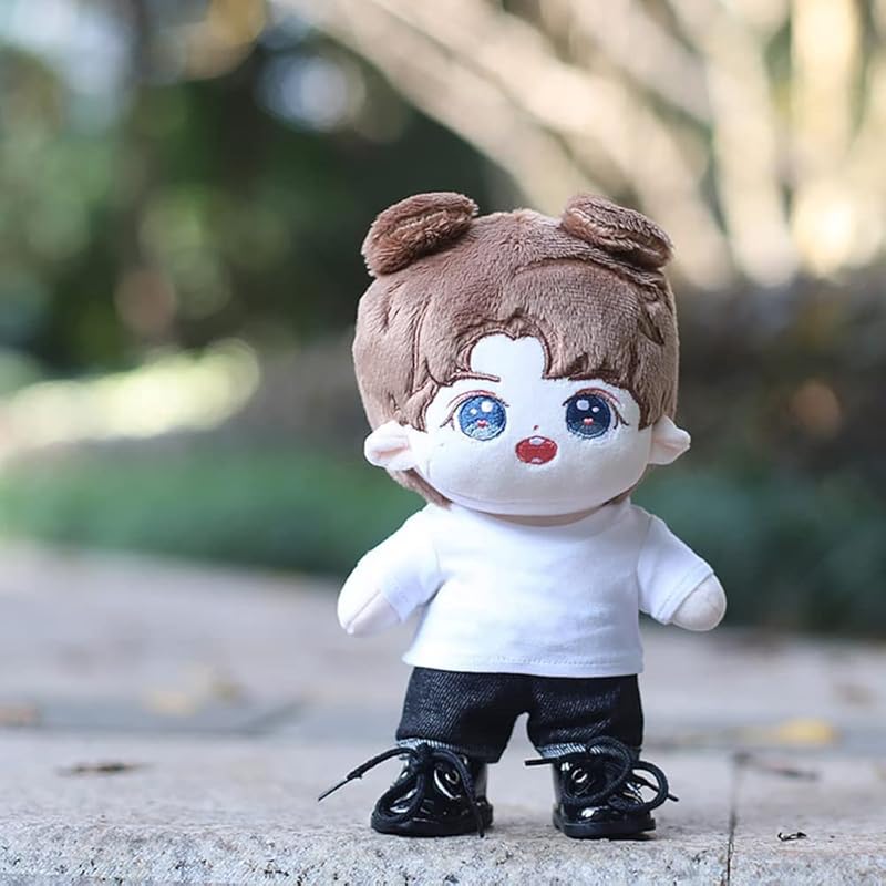 niannyyhouse 15cm Plush Doll Clothes Set: Hat, T-Shirt, and Pants, 3-Piece Set Includes Fisherman's Hat, White T-Shirt, and Jeans, Cotton Doll Clothes