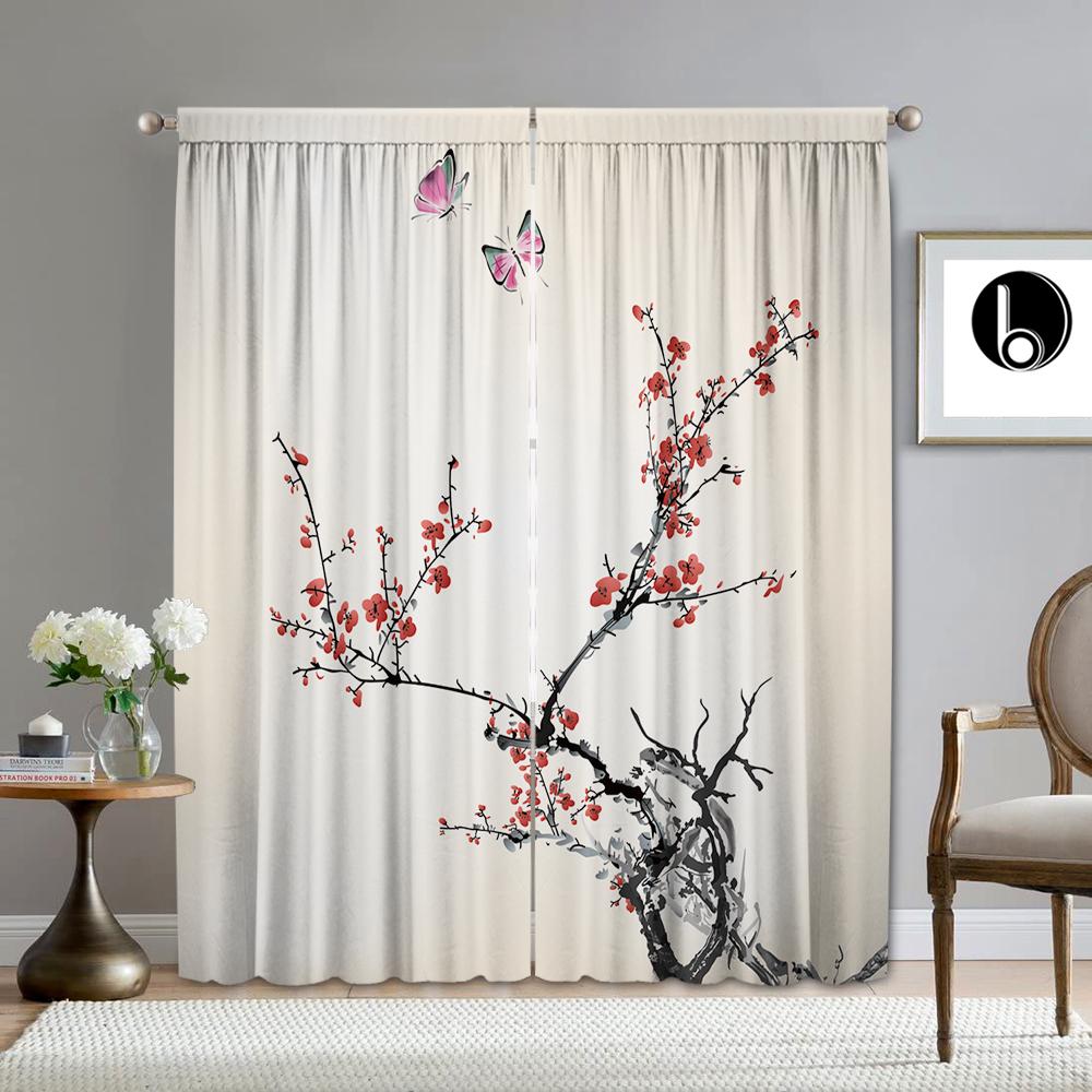 2PC Home Decoration Screen Curtain, Wax Plum Background Screen Curtain Suitable For Kitchen, Coffee Shop, Living Room, Balcony