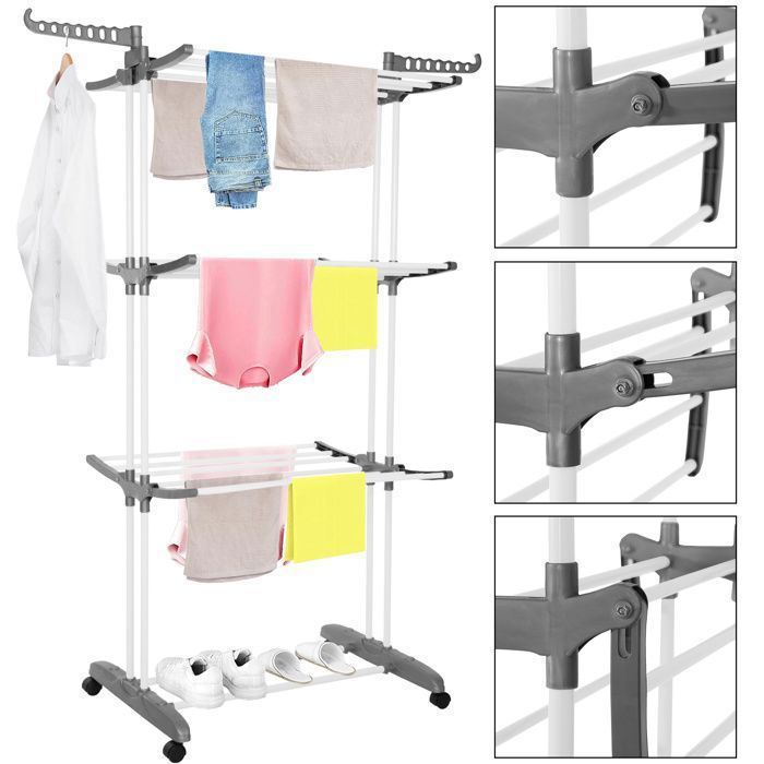 Séchoir à linge sur roulettes - SPRINGOS - 4 niveaux - Ailes pliables - Capacité 15 kg - Design compact