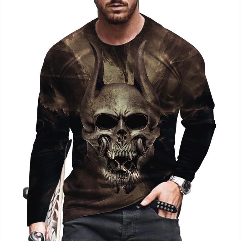 Spring and Autumn Round Neck Skull 3D Printed Top Fashionable Casual Long Sleeved Men's T-shirts