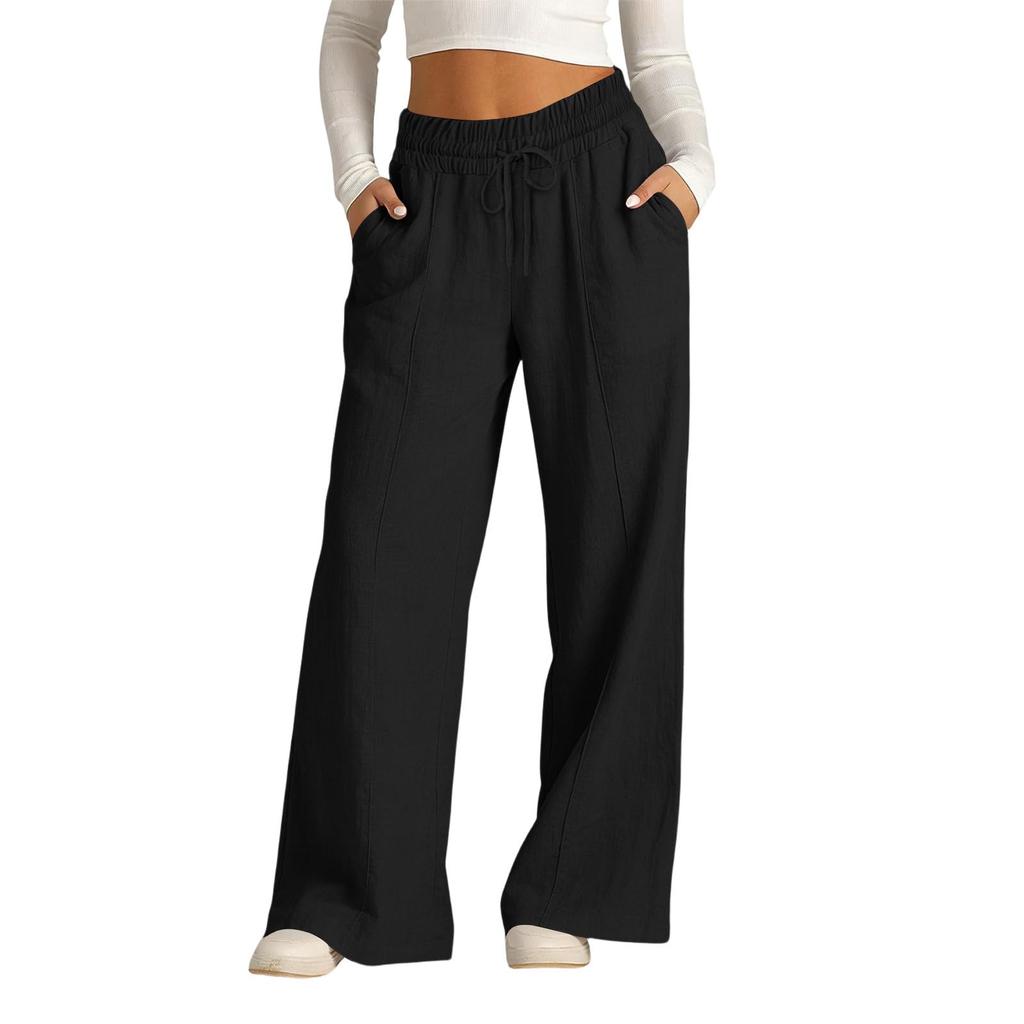 Women's Casual -Color High-Waisted Wide-Leg Drawstring Pants With Pockets