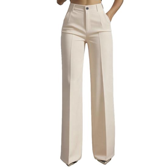 Women Suit Pants Button Zipper Trousers with Pockets Closure High Waist Long Solid Color Straight Wide