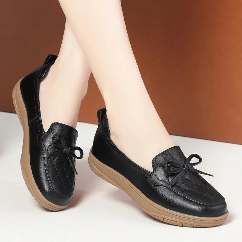 2.5cm Fashion Comfortable Shallow Mouth Soft Leather Shoes Women Flats Fall 2025 Sweet Bow Loafers Non Slip Shoes for Office Mom