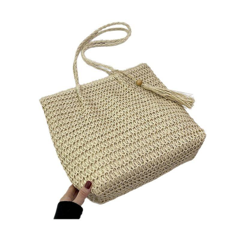 Summer Straw Woven Bag Zipper Shoulder Beach Bag Simple Mori Woven Tote Bag Large Capacity Women'S Bag