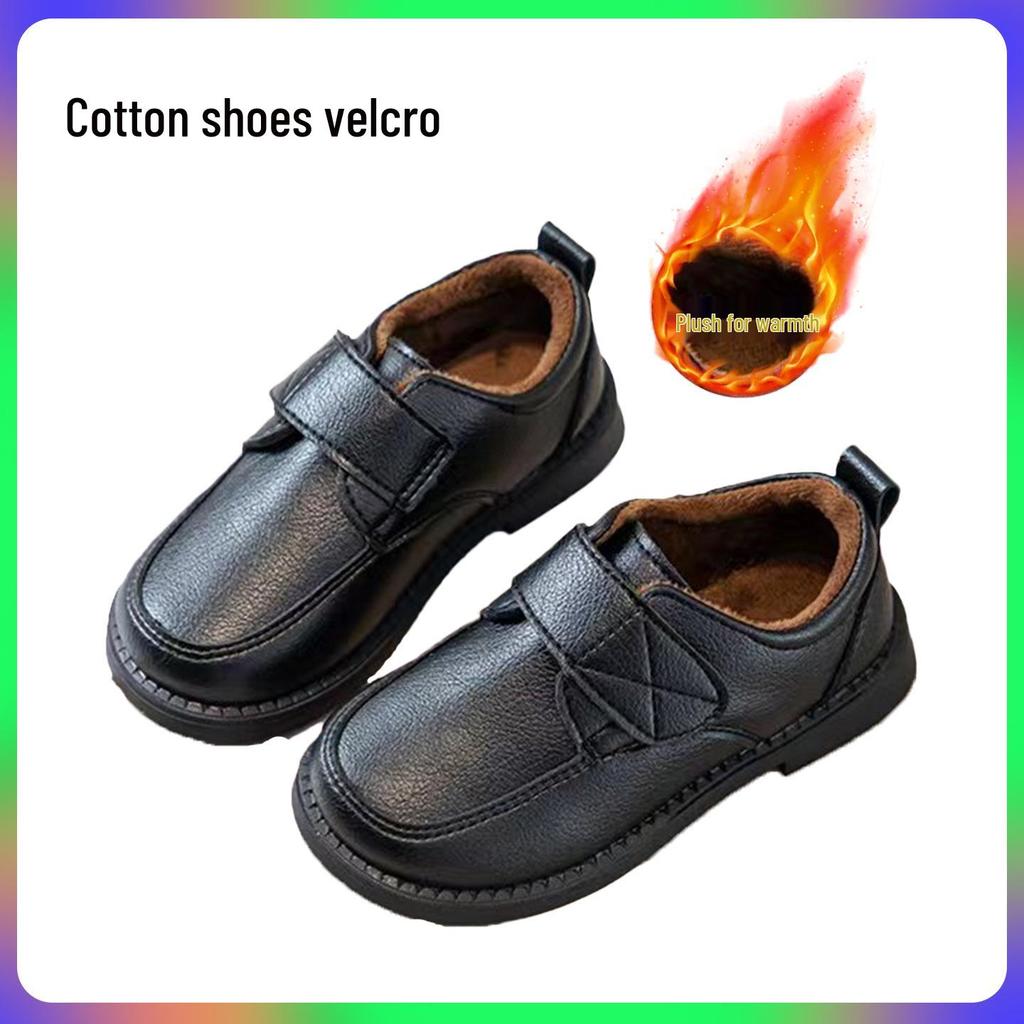 Schwarze Jungen-Klettverschlussschuhe aus Leder, im Academy-Stil mit Samtfutter und weicher Sohle