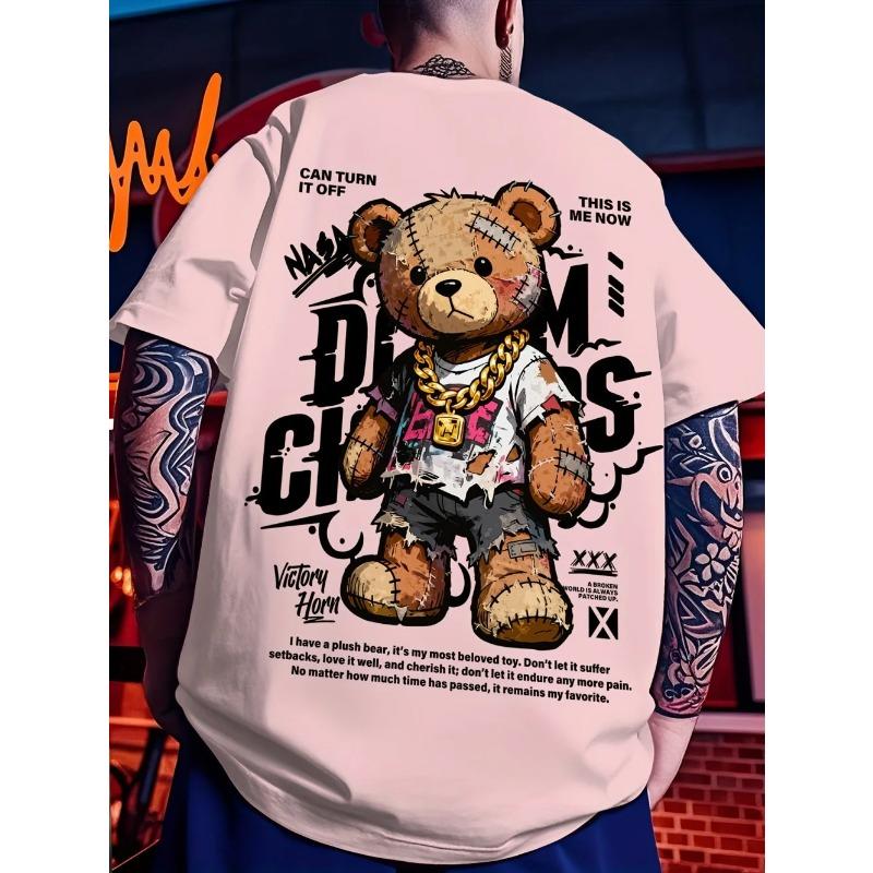 Europäisches und amerikanisches Herren Sommer Teddybär Graffiti Print Bequemes und atmungsaktives Rundhals T-Shirt Outdoor Street Top