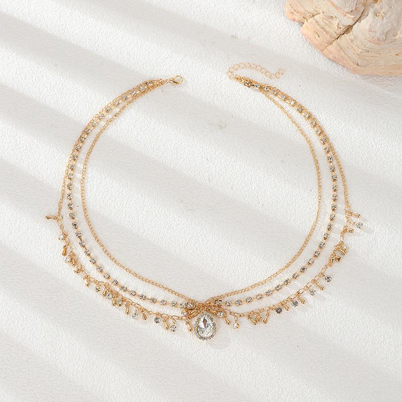 Fashion Bride Crystal Pendant Tassel Hair Chain For Women Exquisite Metal Geometric Multilayer Thin Head Chain Wedding Jewelry