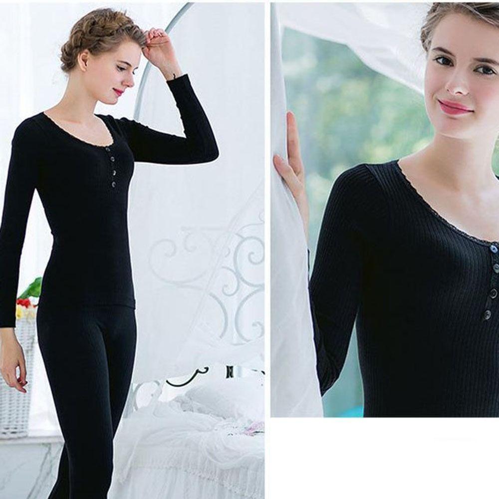 Round Neck T Shirt Button Long Pants Long Johns Set Thermal Underwear Women Underwear Top Pants Set