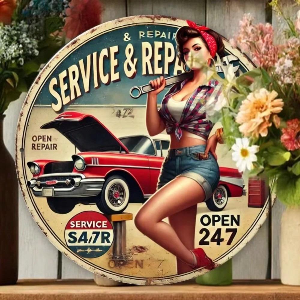 Retro Car Girl Metal Sign Art Waterproof Bar Cafe Home Wall Decor