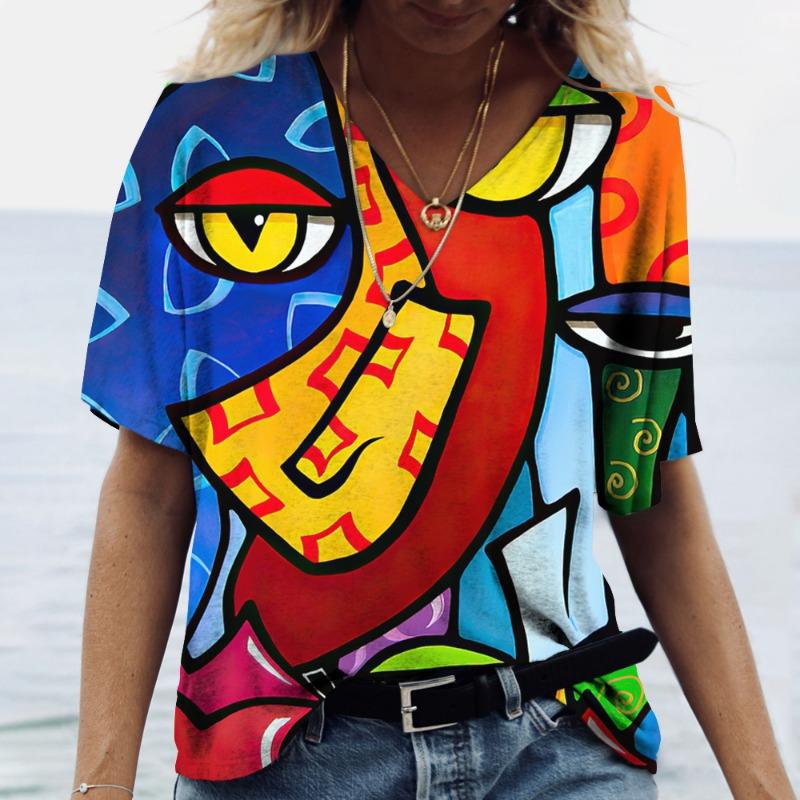 Summer Abstract Art Face 3D Print T-shirts Women Fashion Streetwear Short Sleeve V-Neck T Shirt Harajuku Tees Tops Clothing