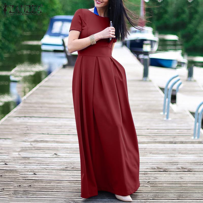 

ZANZEA Летнее повседневное шикарное длинное платье с круглым вырезом и короткими рукавами