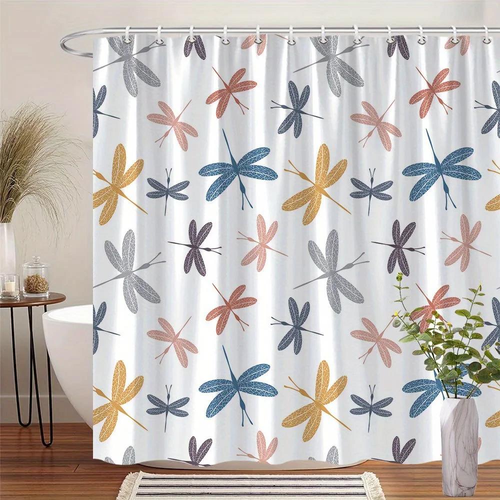 Dragonfly Pattern Shower Curtain - Minimalist Design In Pink, Blue,Yellow & Gray,12 Hooks,Hand-Drawn Quality, Playful Bath Decor