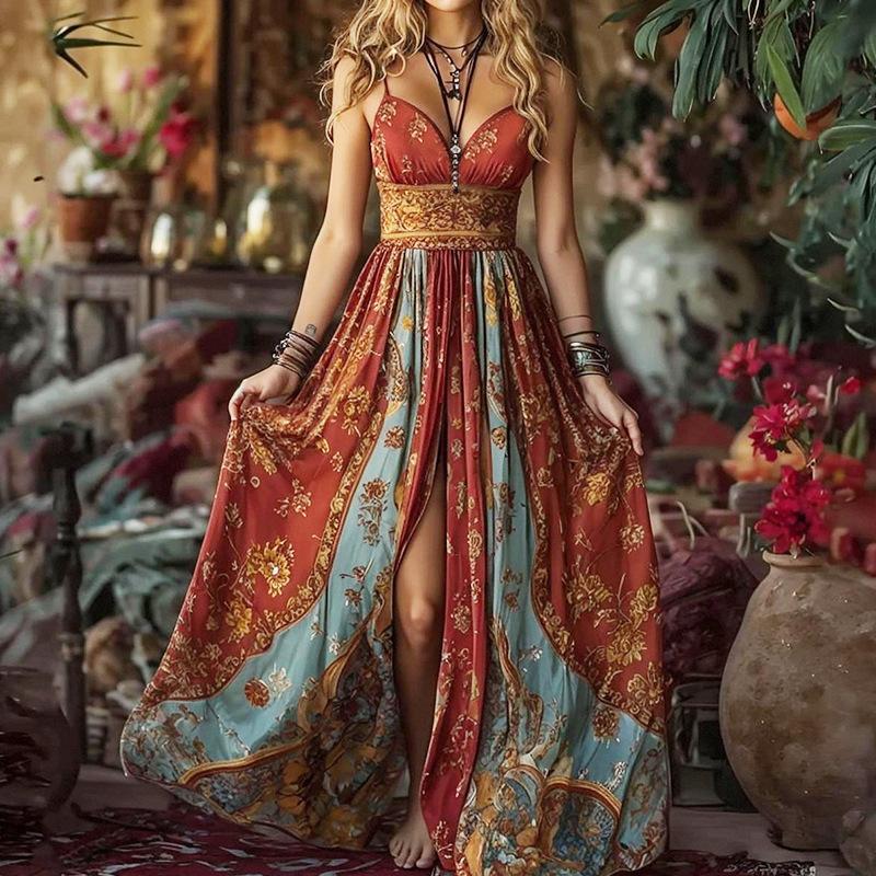 Abito Maxi da Donna Scollo a V Senza Maniche Vita Alta Elegante Stampa Floreale Vestito Estivo