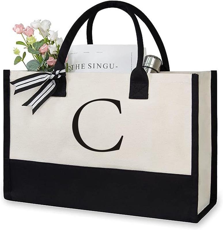 A-Z Letter Canvas Tote Bag Women Large Capacity Shoulder Handbag Contrast Color Thick Fabric Reusable Shopping Bag